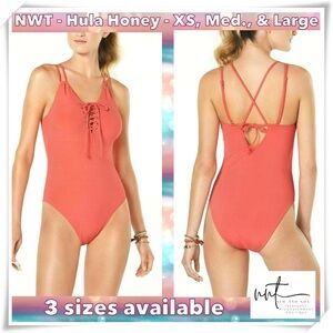 NEW with TAGS Hula Honey Ribbed Coral Lace Up One Piece Swimsuit Size LARGE NWT